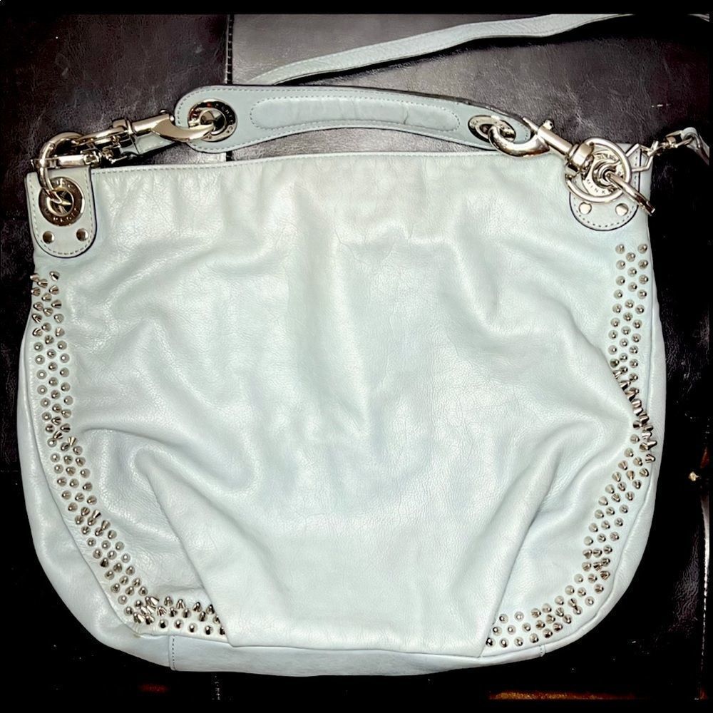 Rebecca Minkoff Studded Satchel Bag Shoulder Purse Bright Light Blue​​​ - Picture 2 of 12